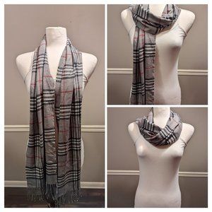Gray Black White Red Plaid Fringe Scarf